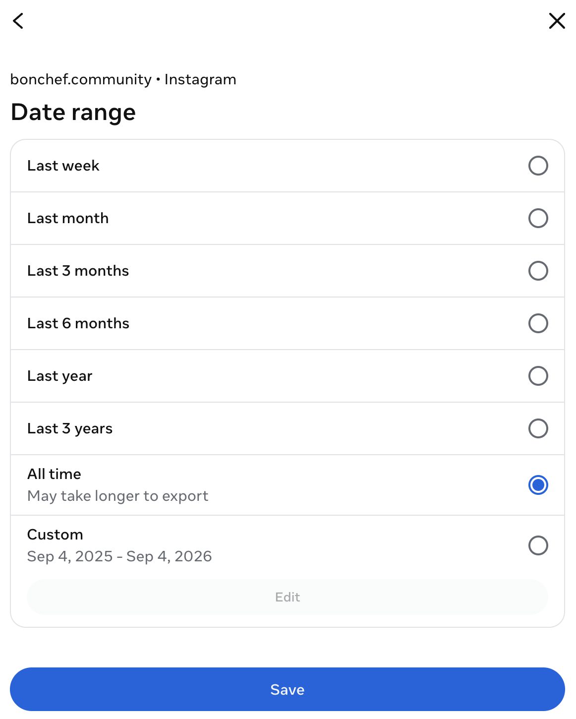 Instagram's Date range screen with All time selected