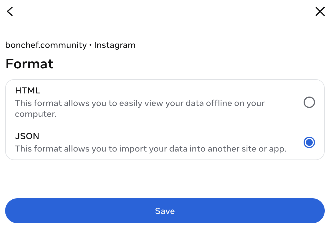 Instagram's Format screen with JSON selected
