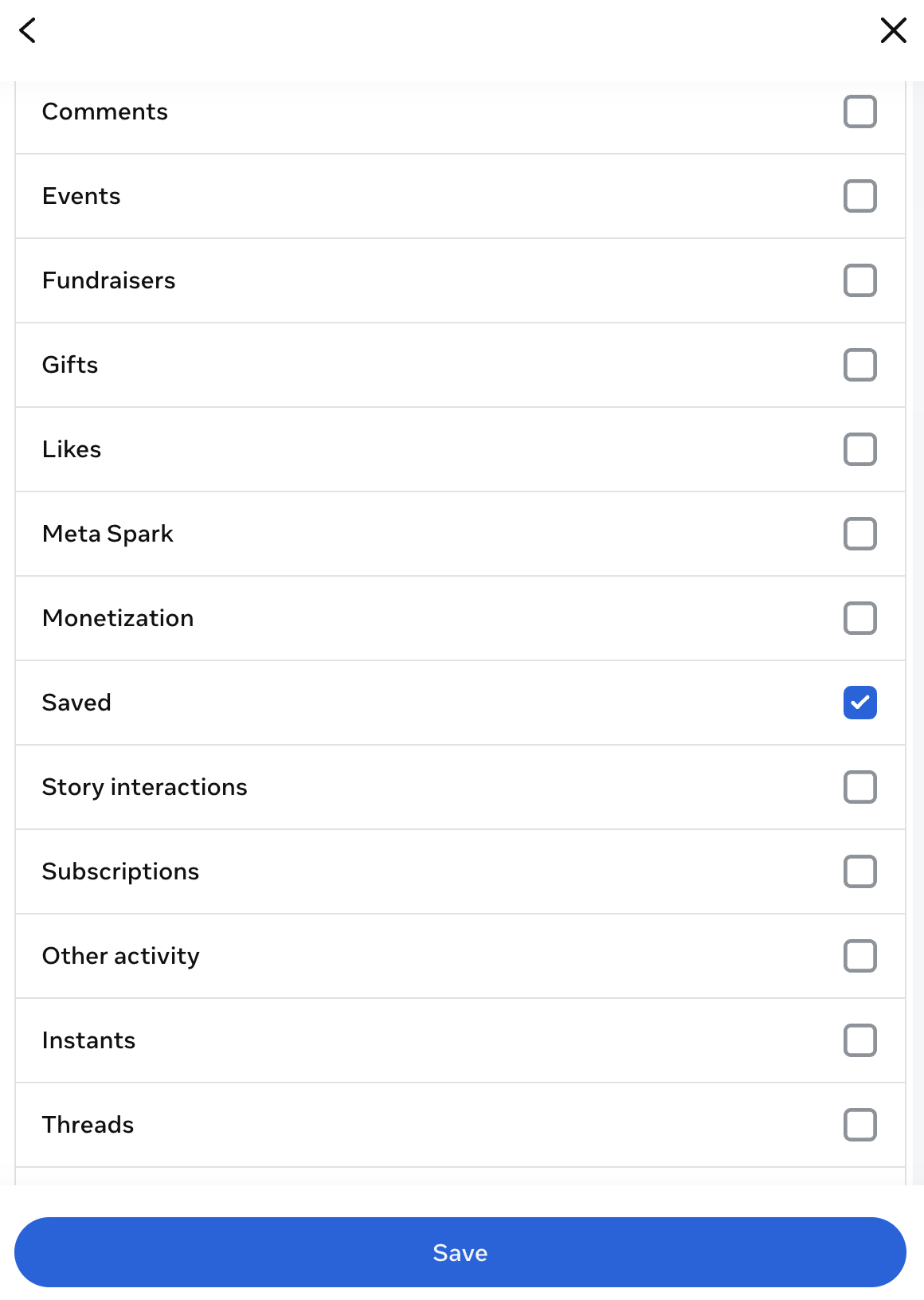 Instagram's Customize information list with only Saved ticked
