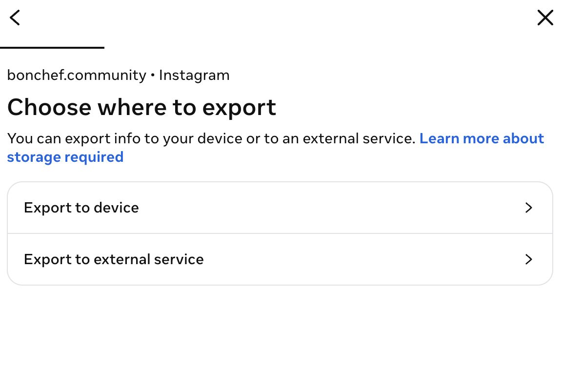 Instagram's Choose where to export screen with the Export to device option